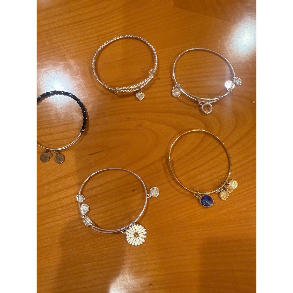 Alex and Ani Bracelets Gold Tone‎ Charm Bangle Set of 5 Daisy Blue Stone Heart